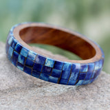 Wood Bangle Bracelet with Bone Inlay, 'Blue Symphony'