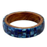 Wood Bangle Bracelet with Bone Inlay, 'Blue Symphony'