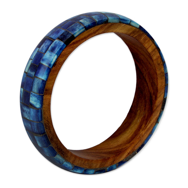 Wood Bangle Bracelet with Bone Inlay, 'Blue Symphony'